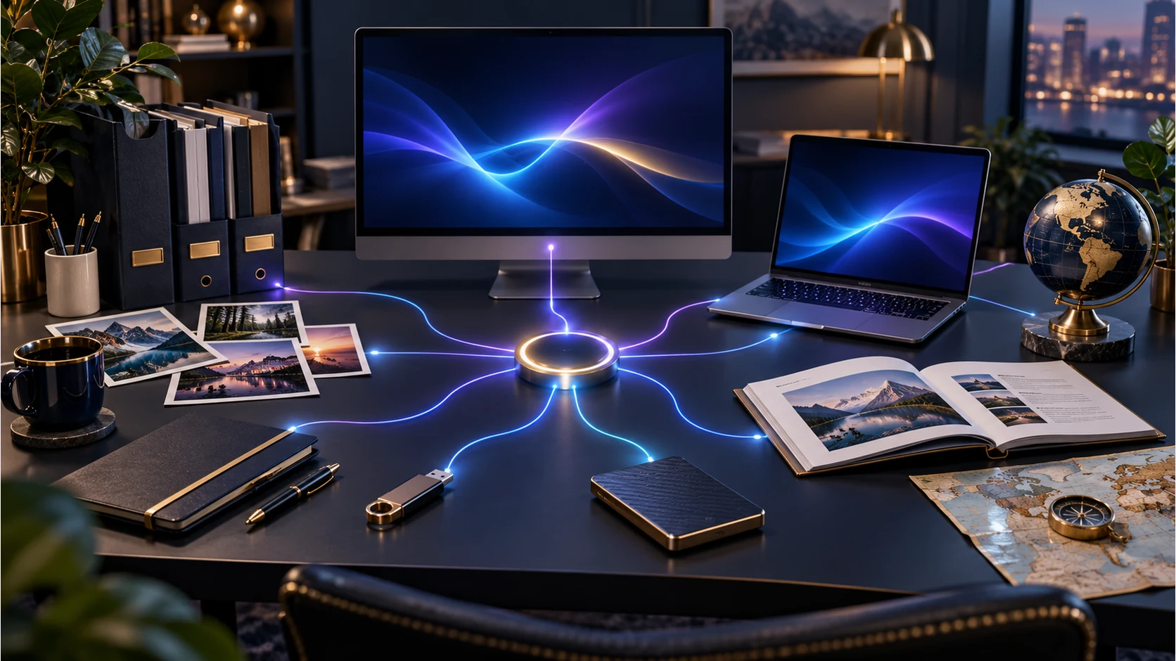 Capability illustration of a central connection point linking a desktop, documents, images, USB storage and a personal work collection