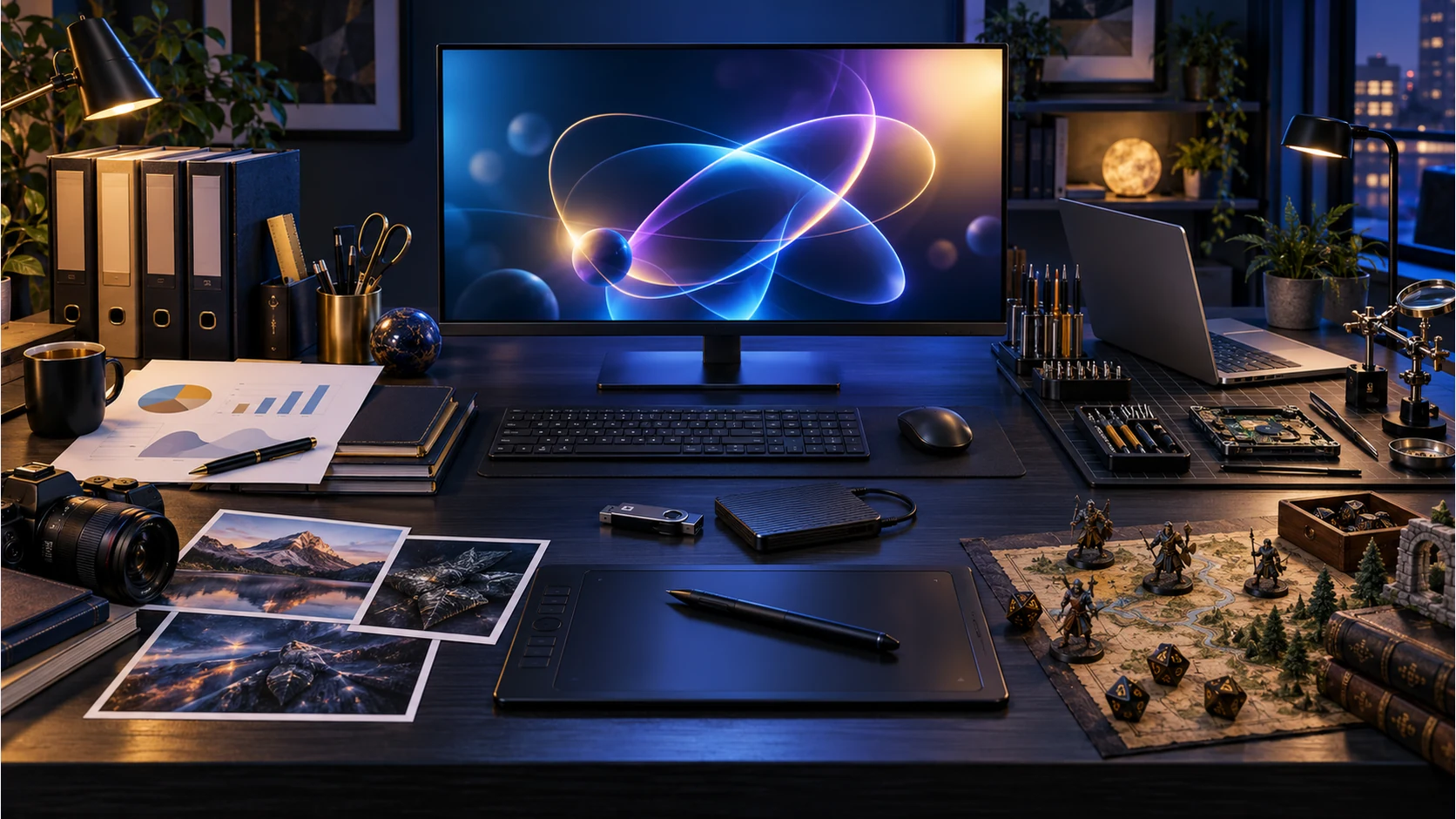 Capability illustration balancing document work, creative images, USB and backup tools, tabletop gaming and technician equipment