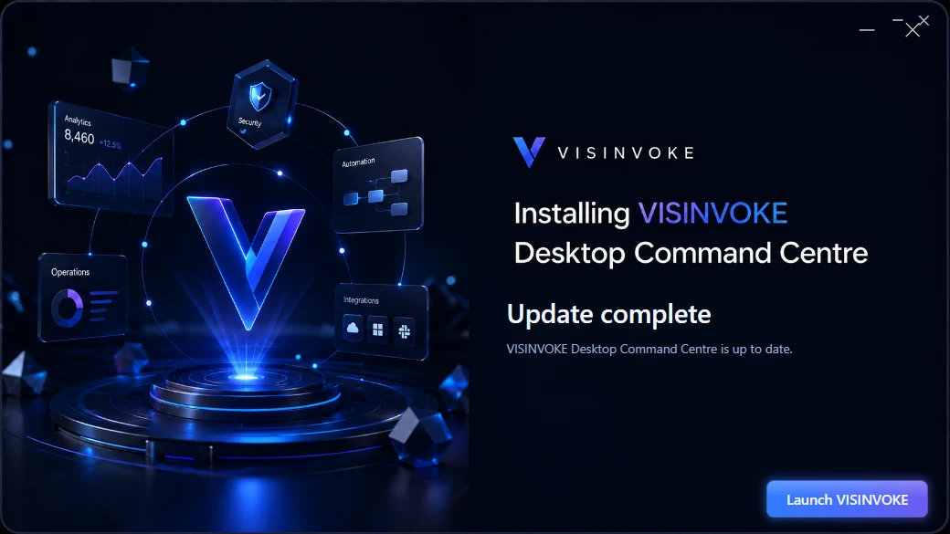 VISINVOKE Desktop Command Centre installer showing a completed update and the Launch VISINVOKE action